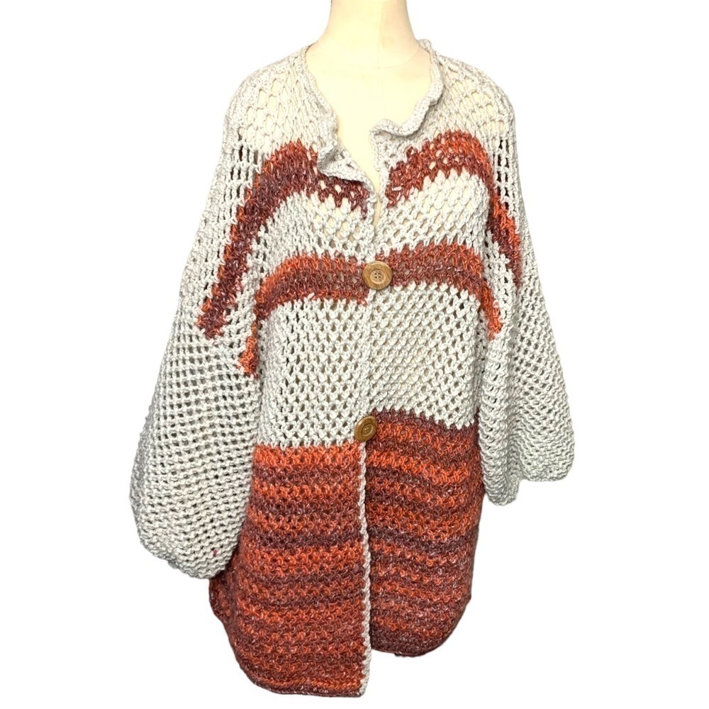 Handknitted Chunky Heavy Knit Cardigan Sweater Tan Rust Brown Boho Slouchy O/S